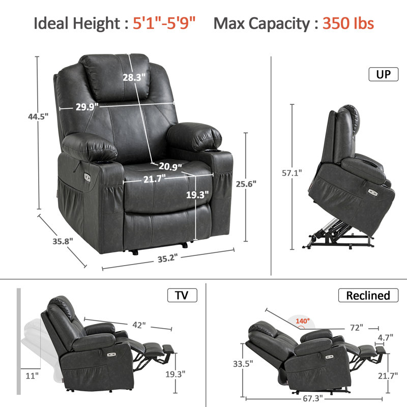 Courtois Medium Power Recliner Lift Chair with Massage and Heat, Faux Leather, Gray