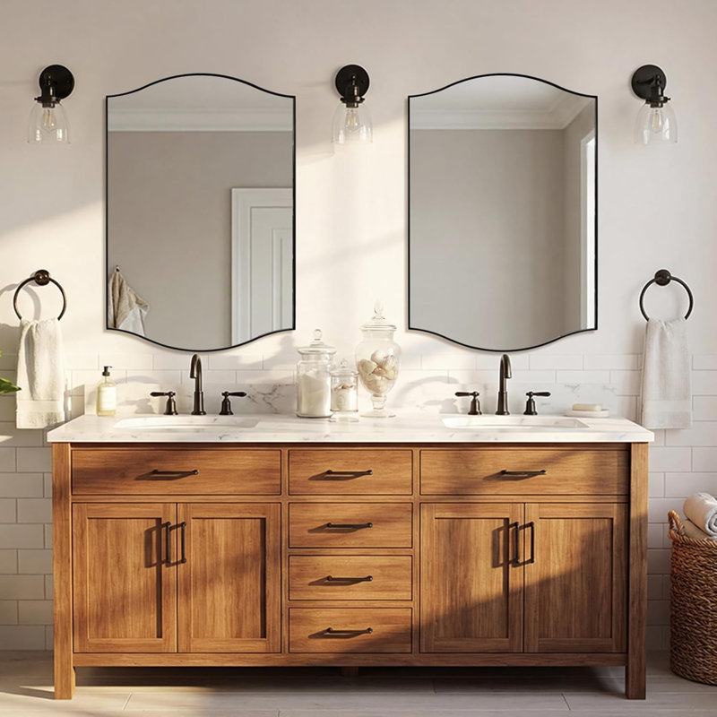 Dual Arch Scalloped Rectangular Bathroom Wall Mirror | Stainless Steel Frame, Matte Black, 38" x 26"