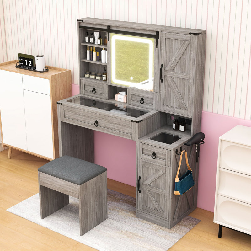 Meuble-lavabo élégant avec miroir, lumières DEL, station de charge et tiroirs, Gris