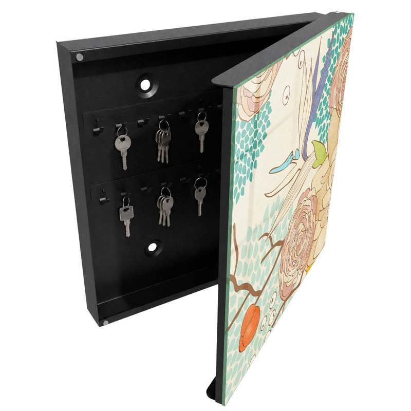 Key box, Opens to the left, 30x30x5, Black, A stylish composition of flowers and geometry, 