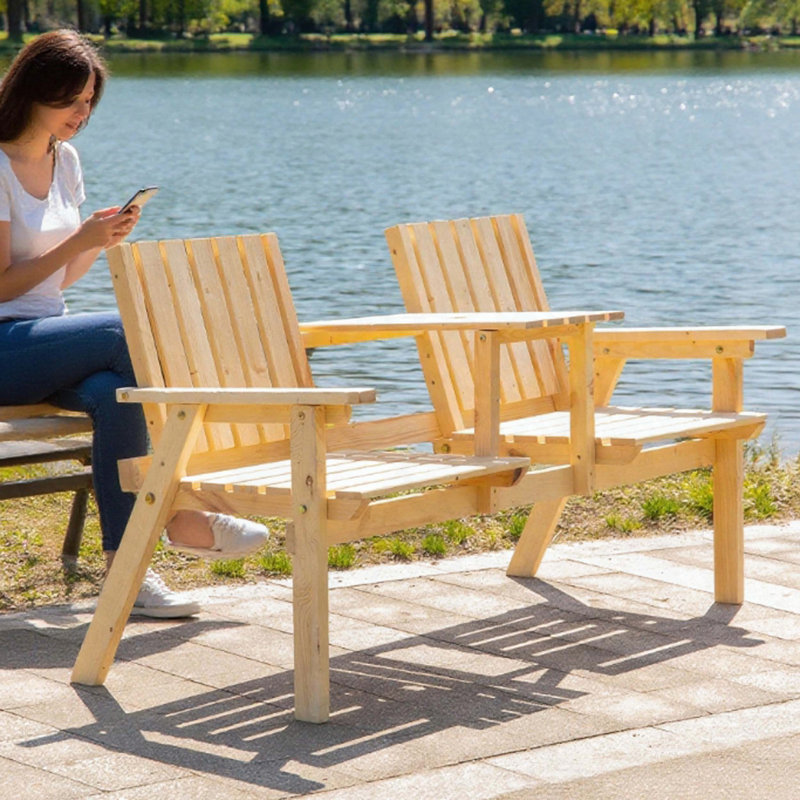 Banc de patio en bois avec table centrale et trou pour parasol Outsunny, Naturel