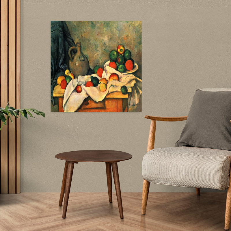 Still Life, Drapery, Pitcher, And Fruit Bowl Classic Colorful Traditional Fruit Wall Art Print by Paul Cezanne - 1 Piece Wrapped Canvas Wall Art