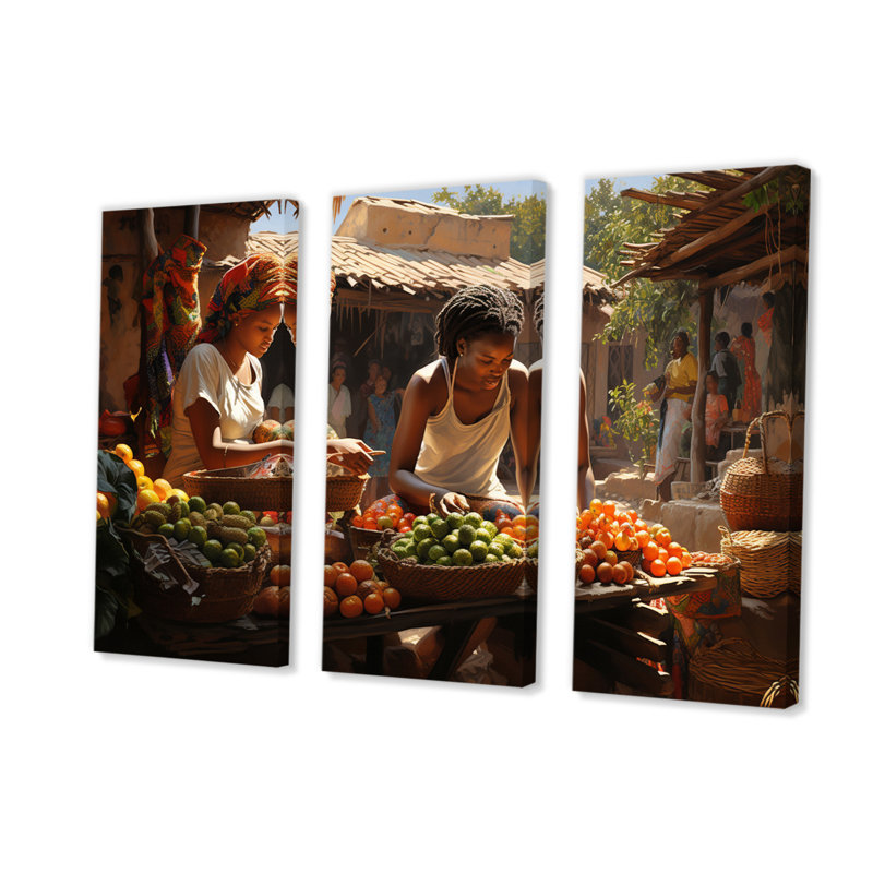 «African Vibrant Market I» sur toile, reproduction de 3 pièces, H 32 po x l 48 po x P 1 po