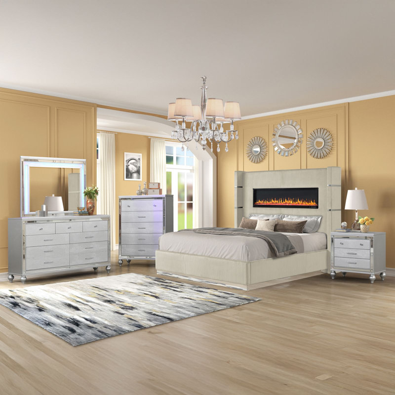 Ensemble de chambre à coucher 5 pièces Ashray, Gris, 5 pièces: lit, table de chevet, miroir, 2 commode, Très grand lit