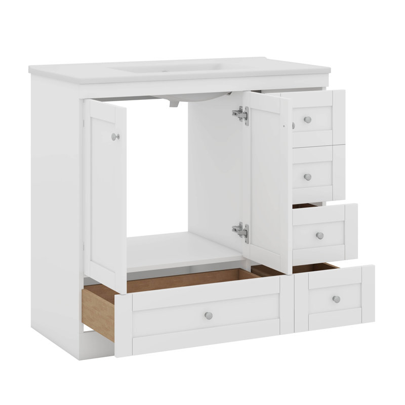 Armoire de salle de bain sur pieds 36 po avec lavabo en céramique 36 po style Shaker, Blanc