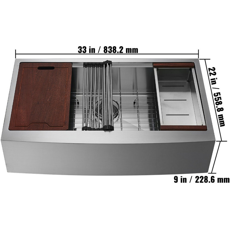 33" Farmhouse 304 Stainless Steel Kitchen Sink, Drop-In Single Bowl with Ledge & Accessories, Multi-Use Workstation Sink for Prep Kitchen, Household Dishwashing & Bar Applications