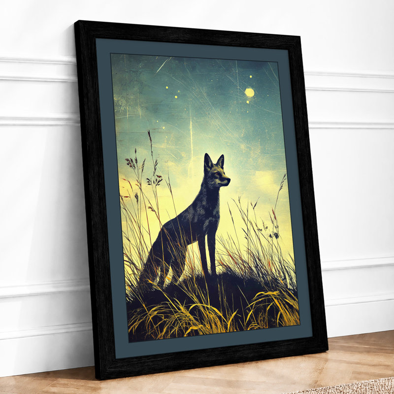 Wolf In Moonlight Japandi - Print, A2 - 59.4 x 42.0 cm, Black