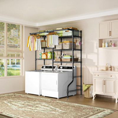 Over Washer And Dryer Storage Shelf With Hanger Rods, 6-tier Laundry Room Organizer With Adjustable Shelves, Space Saving Drying Rack For Laundry Room And Bathroom