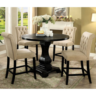 Chaises de salle à manger beige et noir antique, 2 chaises, dossier à volutes avec capitonnage, bois massif pour les pièces et dossier en chenille, Construction Dine