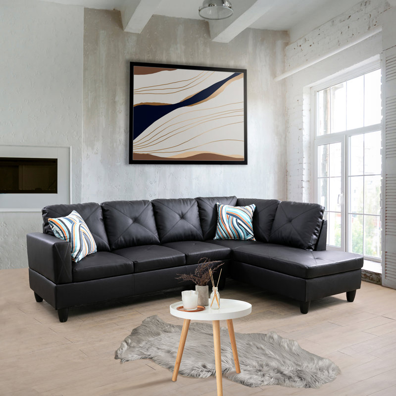 Canapé modulaire en simili cuir 2 pièces 97 po Amelah, Accoudoir à droite (vu de face), Similicuir noir
