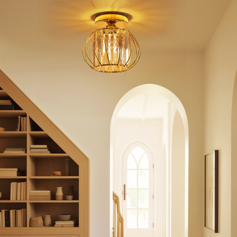 7 po Plafonnier semi-encastré moderne en cristal 1 lumière, conception de cage dorée pour couloir, entrée ou chambre à coucher