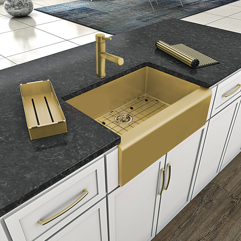 Whitehaus Collection 30" Undermount Front Apron Single Bowl 16 Gauge Stainless Steel Kitchen Sink Set, Brass