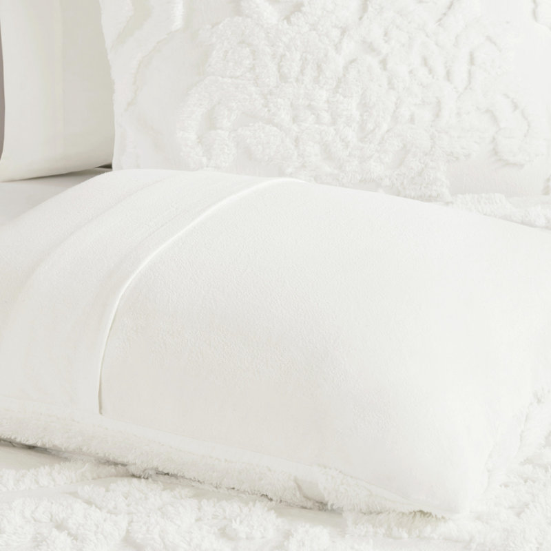 Ensemble d'édredon 3 pièces en chenille de coton - Décoration de chambre chic, Blanc, Édredon double et 2 taies décoratives