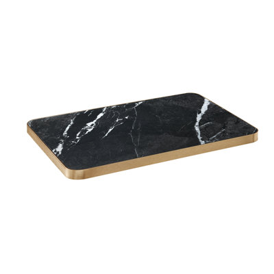 Plateau de table en pierre frittée noire 30 "x 70", 1 1/8 "veiné noir avec bordure en aluminium doré, intérieur / extérieur