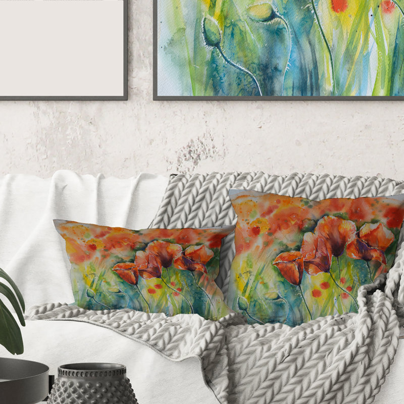 Red Blossoming Poppies - oreiller traditionnel imprimé, 16" x 16"