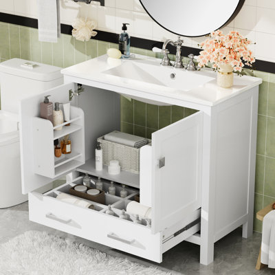 Meuble-lavabo de salle de bain avec lavabo en céramique, portes à fermeture douce, armoire de salle de bain moderne à deux tiroirs avec rangement