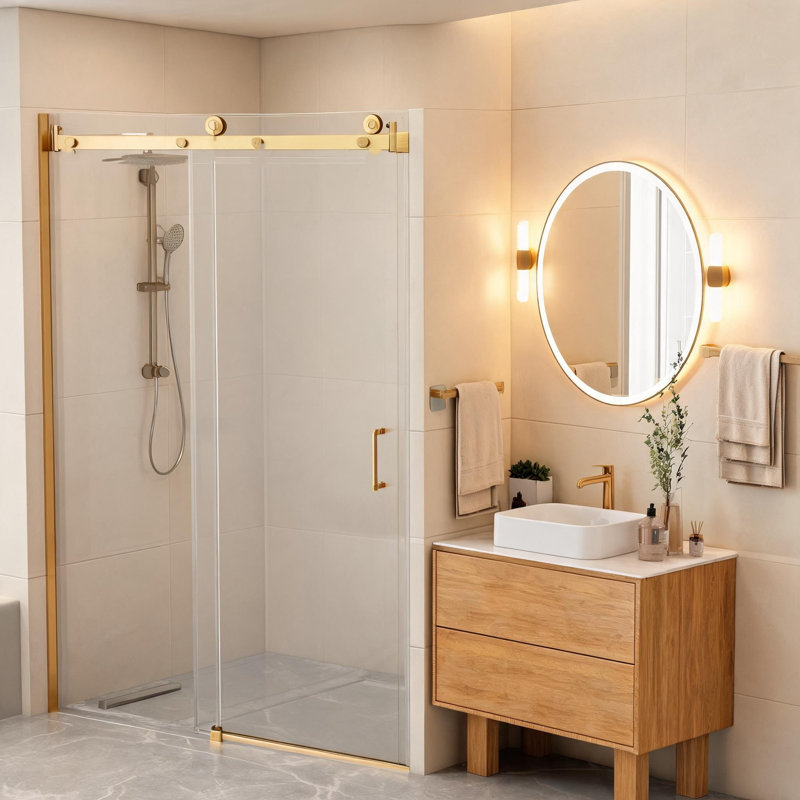 Porte de douche coulissante simple en verre trempé doré de 8 mm, 122 cm x 193 cm, avec cadre en acier inoxydable 304