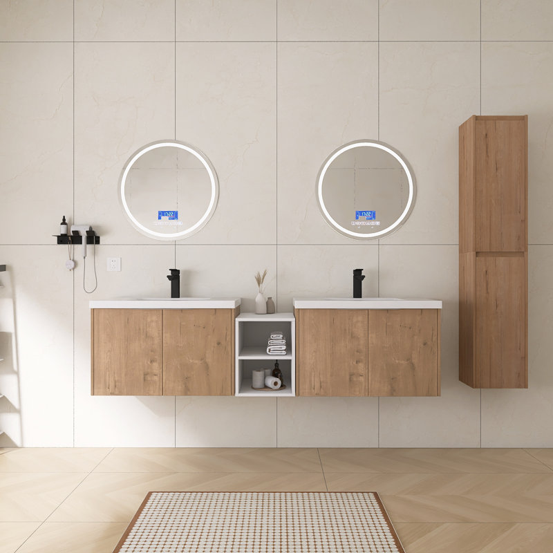 Ensemble de meuble-lavabo double 72 po avec lavabo en résine, petite tablette de rangement et armoires murales, 72"
