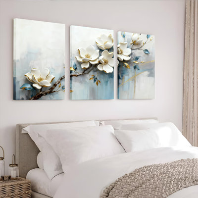 «White Magnolia Floral», reproduction d'art sur toile tendue sur toile (ensemble de 3)