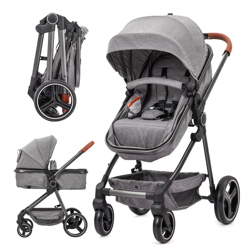 Poussette réversible pour bébé 3 en 1, poussette pliable haute paysage avec dossier réglable, auvent et couvre-pied, Blue