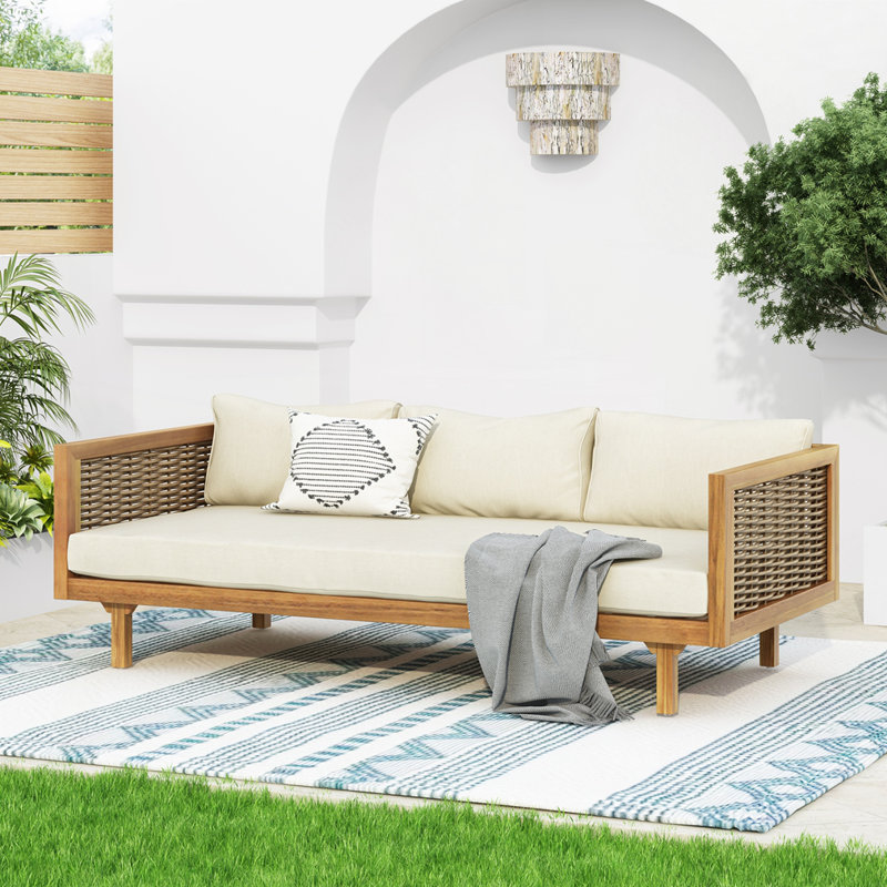 Canapé d'extérieur 3 places avec accoudoirs en rotin, Beige