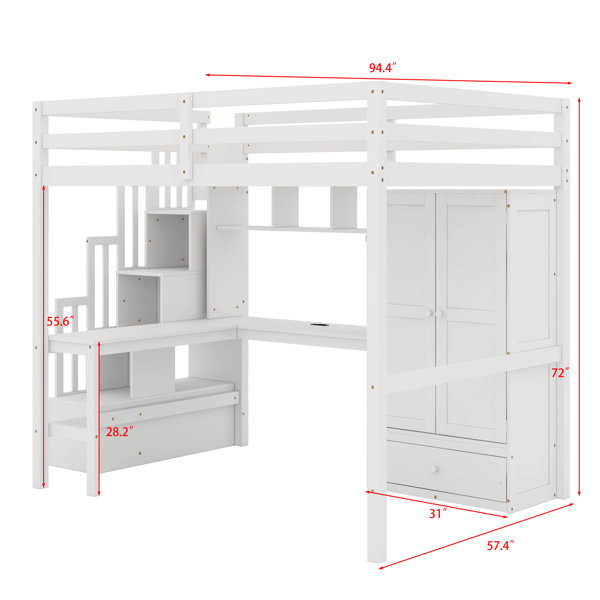 Ebern Designs Full Size Loft Bed With Desk & Storage Shelves & Drawers ...