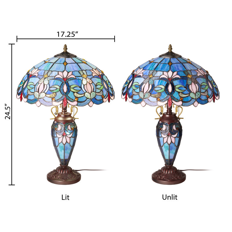 24.5"H Victorian Dome Shade Double Lit Tiffany-Style Stained Glass Table Lamp, Blue