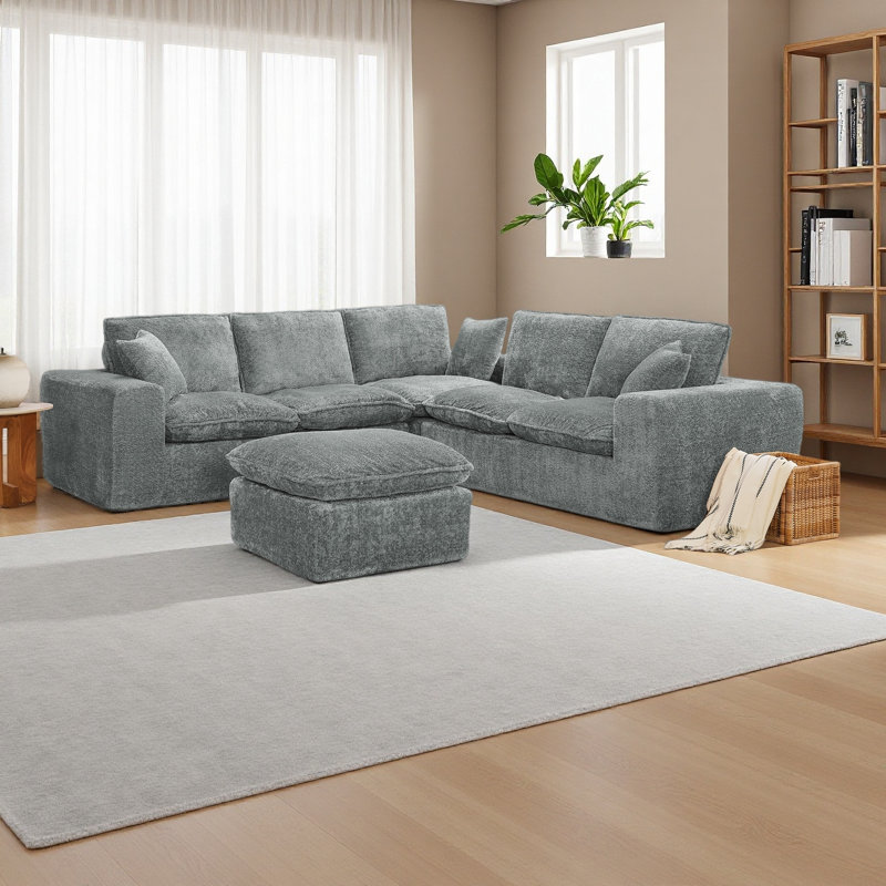 Canapé modulaire en forme de L de 107 po avec repose-pieds mobile en forme de L et canapé-lit confortable avec coussins, Gris