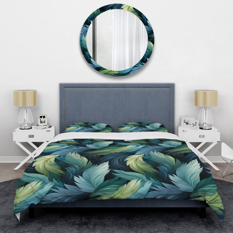 Ensemble de housse de couette bleu et bleu sarcelle à plumes de perroquet, Housse de couette simple + 1 taie décorative stan