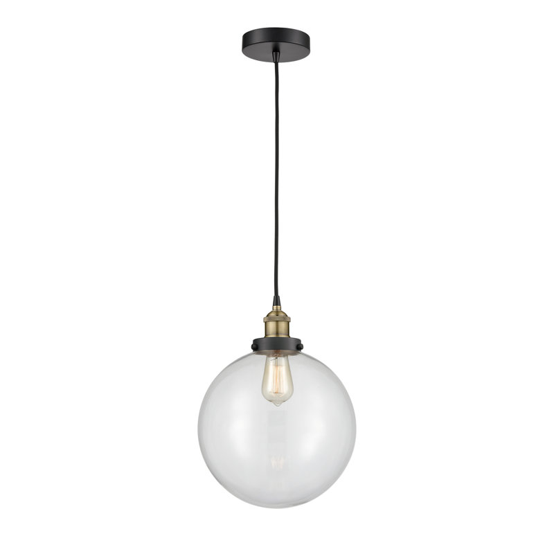 Luminaire suspendu simple à 1 lumière Frederick, H 15,5 po x l 12 po x P 12 po, Transparent, Laiton antique noir