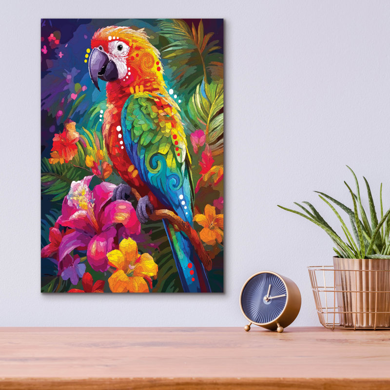 Art mural en verre épique «Tropical Parrot» par Dean Russo, 12 po x 16 po