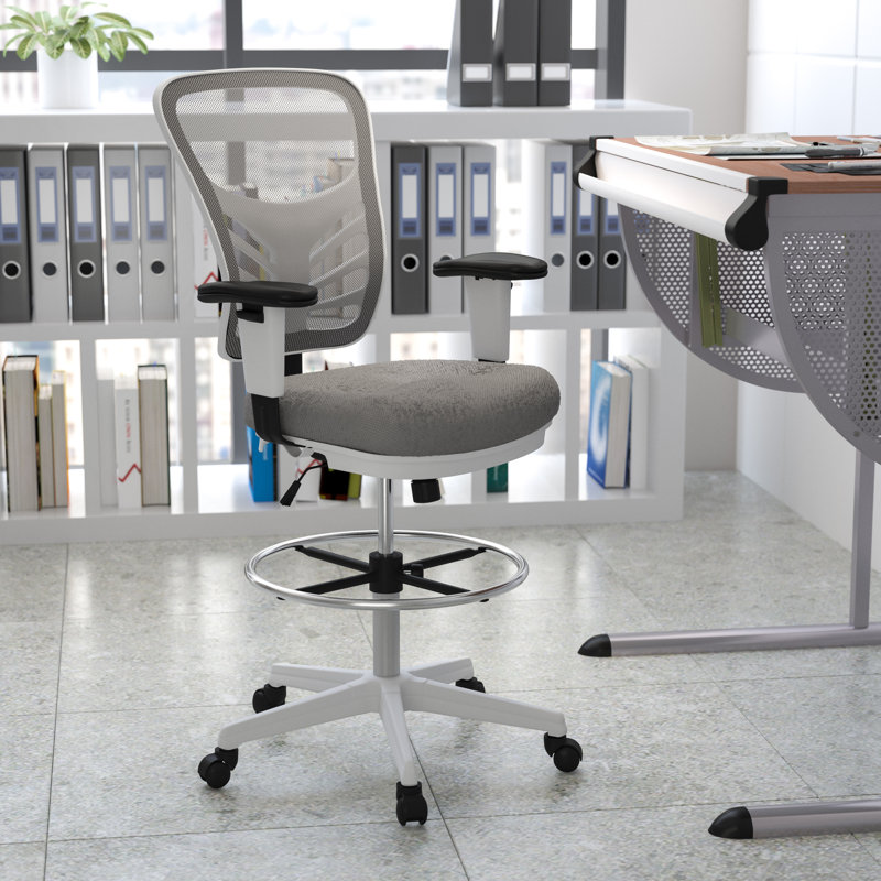 Mid-Back Mesh Ergonomic Drafting Chair with Adjustable Chrome Foot Ring, Adjustable Arms, Light Grey, White