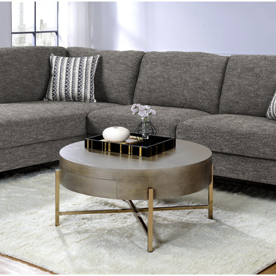 Table basse champagne et marron avec tiroir de rangement, piètement tubulaire en métal en forme de « X », design tambour, plateau en placage chêne, profondeur 81 cm - Tiroir en bois profilé de 41 cm de hauteur