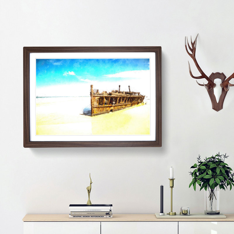 Maheno Shipwreck Australia - Picture Frame Graphic Art Print, 24cm H x 33cm W x 2cm D, Walnut Framed