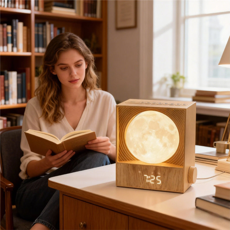 Veilleuse à lune rotative avec réveil et aide au sommeil, à intensité variable