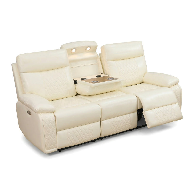 Canapé inclinable en cuir semi-PU respirant blanc cassé - Canapé de salon intelligent à 3 places avec rangement, porte-gobelets, recharge sans fil, lumières DEL et lampe de lecture pour un confort ultime