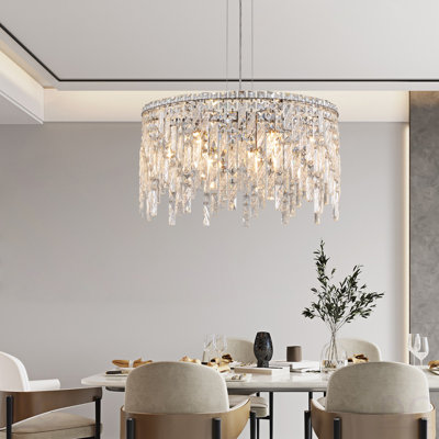 24" Luxurious Round Silver Crystal Chandelier, Contemporary Rectangular Pendant Light For Dining Room, Living Room, And Grand Foyers (Bulbs Not Included)