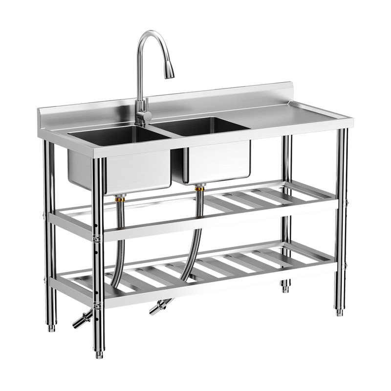 Stainless Steel Utility Sink - Commercial Double Bowl Kitchen Sink with Pull Out Faucet & Hot Cold Water Pipe