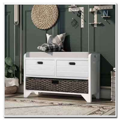Banc de rangement entièrement assemblé avec panier amovible, 2 tiroirs et siège rembourré