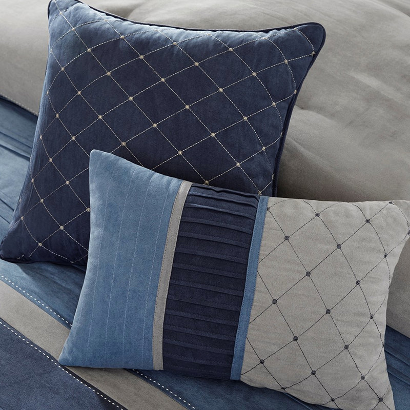 Édredon 7 pièces bleu marine - grand lit, coussins rembourrés en suède, motif plissé