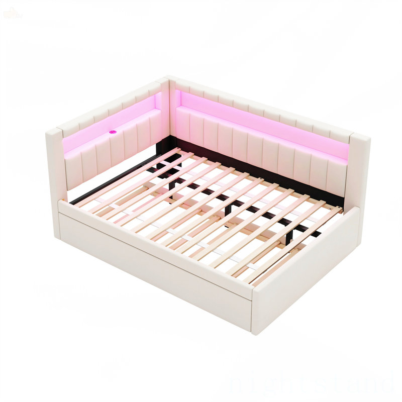 Lit plateforme tapissier pleine grandeur avec ports USB et ceinture à DEL, Blanc, Full / Double
