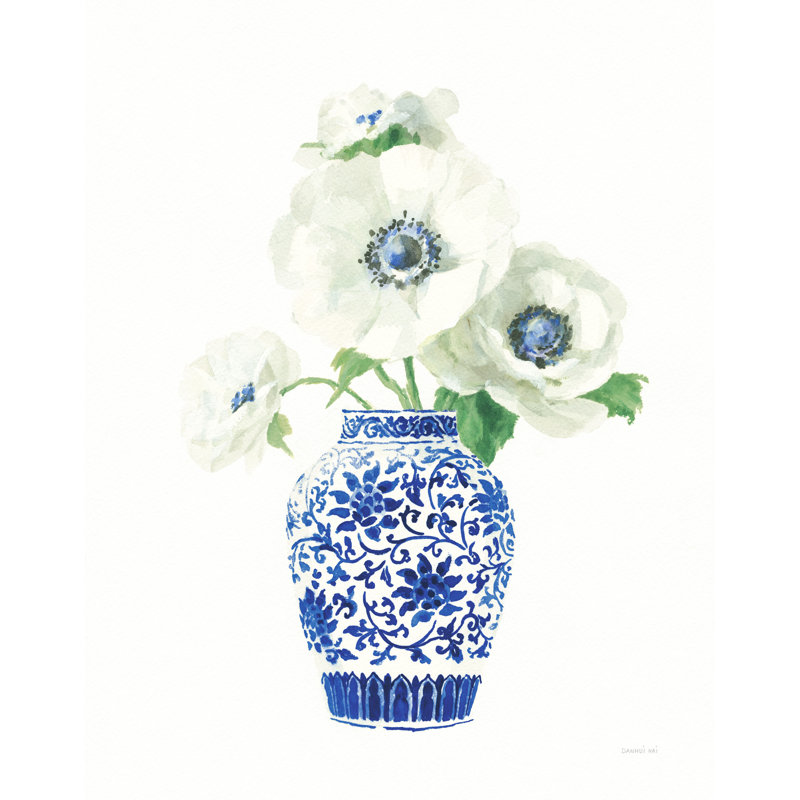 Chinoiserie, bleu, blanc, sur fond blanc, cobalt, fleurs, floral, vert, vase, H 16 po x l 24 po x P 1,5 po