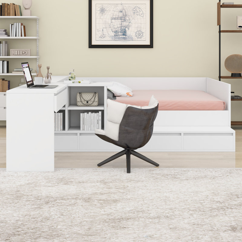 Lit plateforme en bois avec tiroirs, Blanc