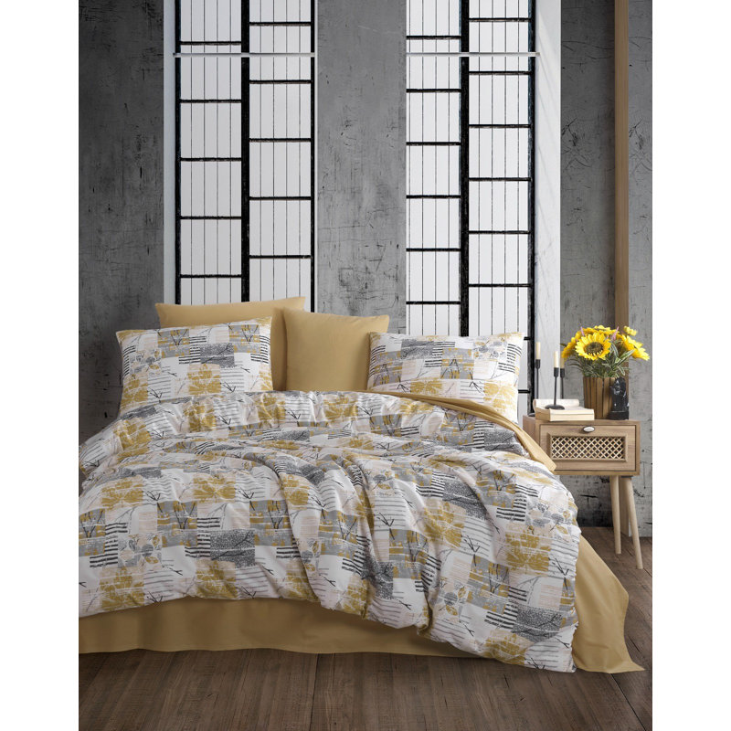 Single XL Quilt Cover Set, Yellow, White & Grey, 61.0 x 79.0 inches | 50% Cotton / 50% Polyester, 127 Thread Count | Machine Washable at 104°F, Button & Envelope Closure | Soft, Stylish Bedding for a Cozy Bedroom