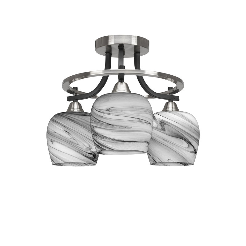 Plafonnier semi-encastré 3 lumières Cherilus Paramount en noir mat et nickel brossé avec verre tourbillon onyx de 6 po