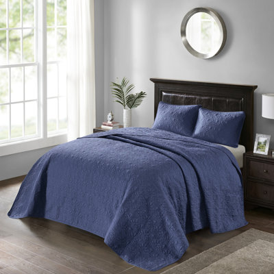 Navy Reversible Bedspread , Full Size - Comfortable Pre-washed Cotton Classic Quilting Style & Shams Microfiber Filled For A Gentle Touch Design Easy To Care For