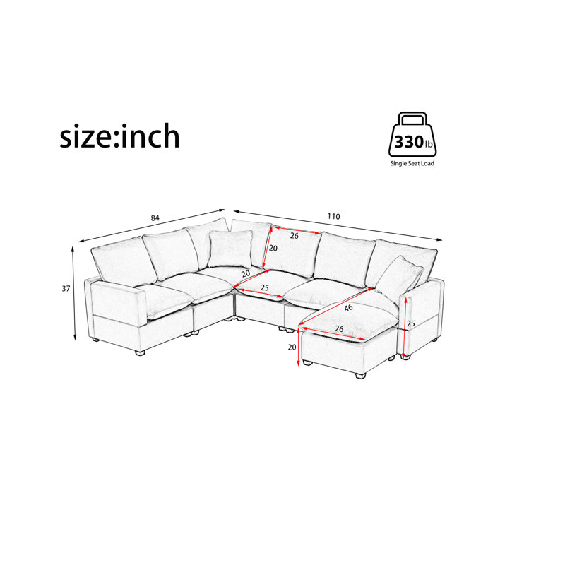 110*84" Modern U Shape Modular Sofa,white, Black Chenille