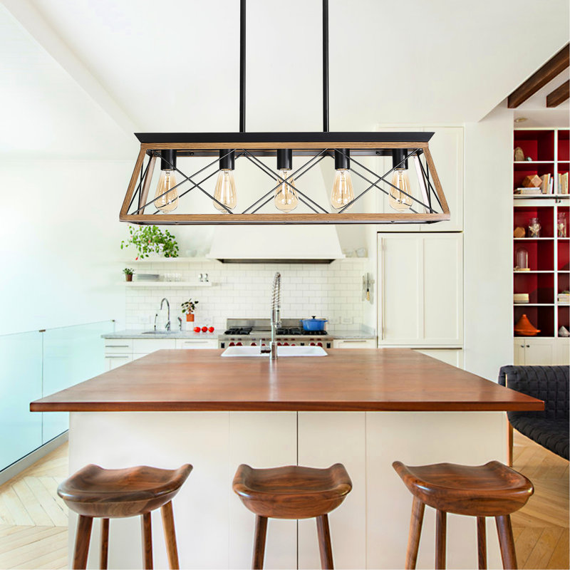 Noyer rustique pour salle à manger - hauteur réglable, 5 lumières de plafond, 5 ampoules, réglable