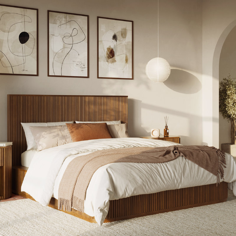 Lit en bois massif cannelé Ellison noyer, Queen, Standard