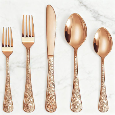 20-Piece Stainless Steel Flatware Set Service For 4, Modern Embossed Cutlery Set With Floral Etched Pattern, Silverware Utensil Set Includes Forks Spoons Knives